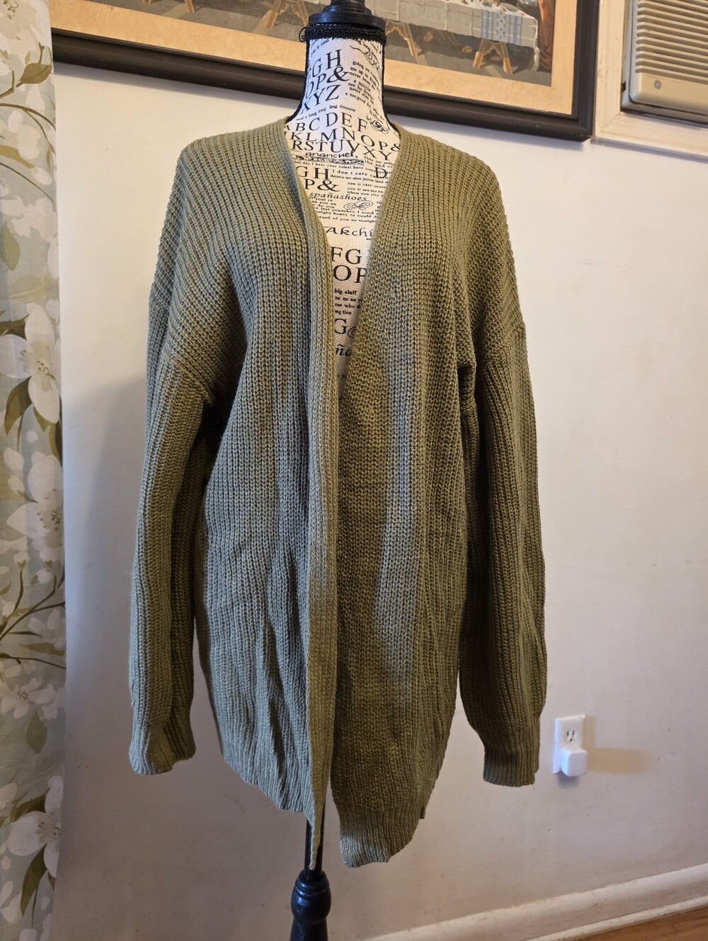 Open Front Olive Green Knit Cardigan